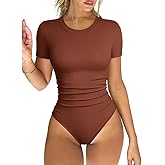 OQQ Women's Crew Neck Short Sleeve Bodysuit Ruched Stretch Vacation Basic for Tops Spring & Summer