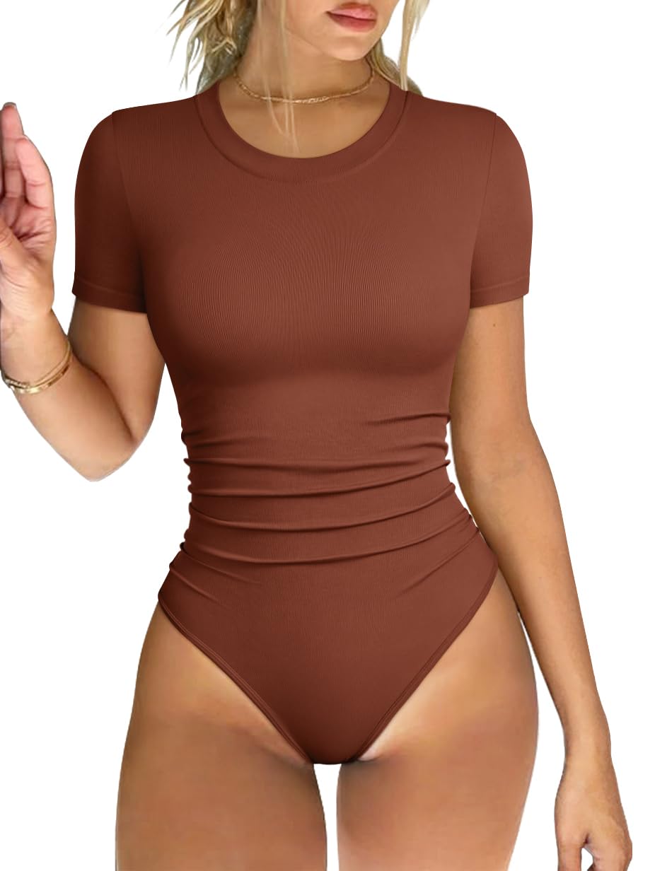 Photo 1 of OQQ Women's Crew Neck Short Sleeve Bodysuit Ruched Stretch Vacation Basic for Tops Spring & Summer Caramel XL