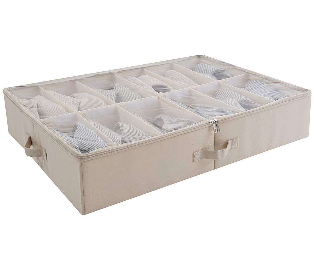 iwill CREATE PRO Underbed Shoes Storage Solution - Collapsible with Sturdy Board Dividers, Stackable Shoe Box Storage with Zip Clear Plastic Lids, Beige