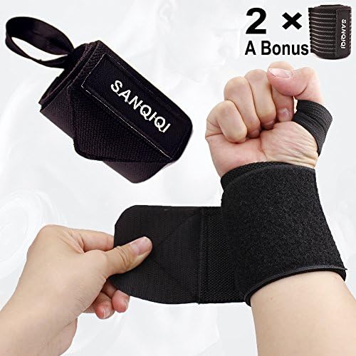SanQiQi 1 Pair Wrist Wraps 20'' with Thumb Loops, a Bonus-1 Pair Knee Straps, for Powerlifting, Bodybuilding, Cross Training, Weightlifting, Yoga, Support for Men & Women (Black)