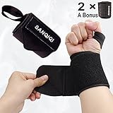 SanQiQi 1 Pair Wrist Wraps 20'' with Thumb Loops, a Bonus-1 Pair Knee Straps, for Powerlifting, Bodybuilding, Cross Training, Weightlifting, Yoga, Support for Men & Women (Black)