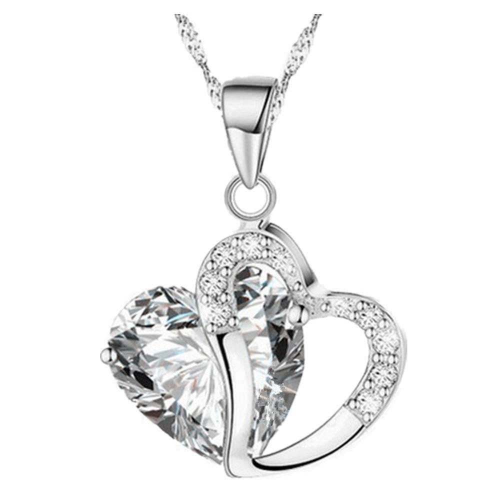 Lutos Heart Silver Plated Crystal Diamond Gem Pendant Hollow Silver Chain Necklace Shinning Jewelry for Girl Women