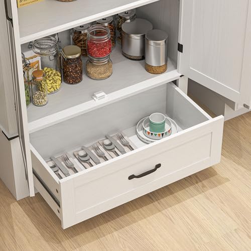 HOMCOM 72" Farmhouse Pantry Cabinet with Barn Doors, Tall Buffet Storage Cabinet with Adjustable Shelves, Freestanding Kitchen Pantry with Drawer, White Wood Grain