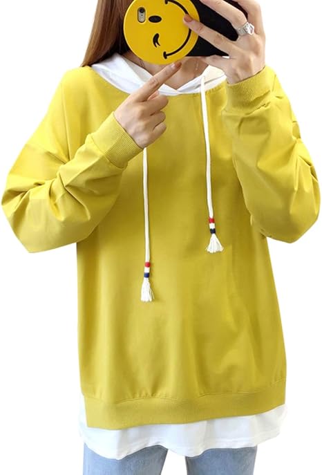 Amazon Formanism カジュアル アメカジ 英字 フード パーカー ルーズ バイカラー レディース L A イエロー トレーナー パーカー 通販