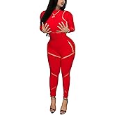 Ophestin Womens Sexy 2 Piece Club Outfits Mesh Hollow Out Long Sleeve Jumpsuit Bodysuit and Leggings Set