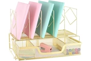 gianotter Desk Organizers and Accessories, Office Supplies Desk Organizer with Sliding Drawer, 5 Upright Section ​File Sorter Organizer (Gold)