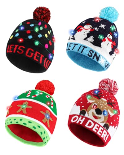 Blowata Light Up Christmas Hat, Christmas Knitted Beanie Hat, Cute Cartoon Design Xmas Knit Cap With 6 Colorful LED Lights