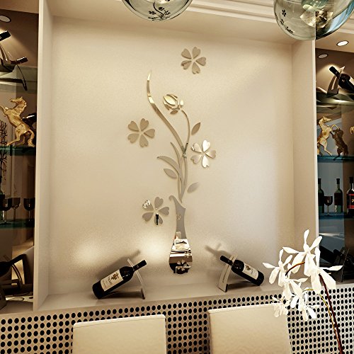 HEYING Mirror Flower Vase 3D Crystal Acrylic DIY Wall Stickers& Murals For Entranceway , Living Bedroom Dining Room DÃ©cor Home Decoration (15.75"39.37", Silver)