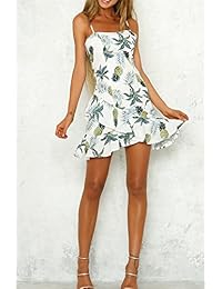 lukycild Mujer Piña impresión sin espalda vestido corto sin mangas correa de espagueti Mini vestido