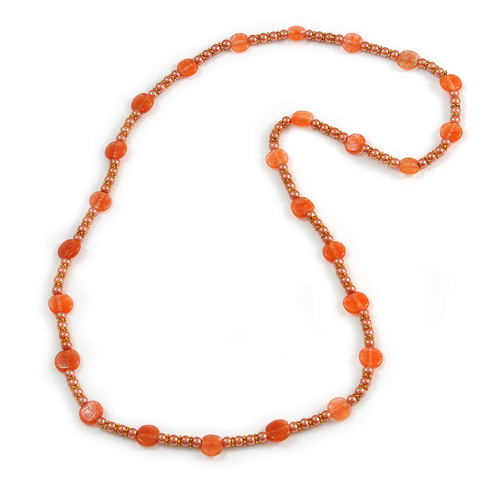 Avalaya Stylish Long Orange/Peach Ceramic/Glass Bead with Gold Tone Metal Rings Necklace/ 90cm L