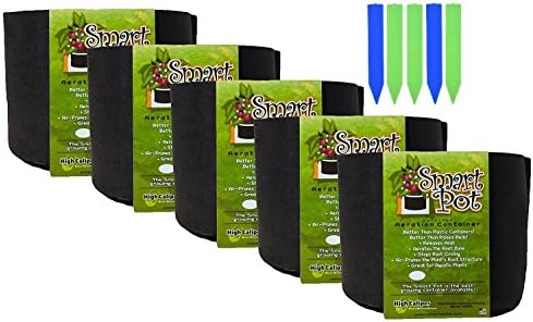 Smart Pot Soft-Sided Fabric Garden Plant Container Aeration Planter Pots, 5 gallon, 5 Pack, Black with Five 5-Inch Colored plant labels