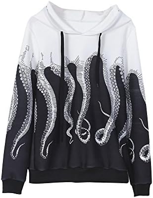 Women Long Sleeve Hoodie,Buedvo Cool Octopus print Sweatshirt Coat Pullover (L, Black+White)