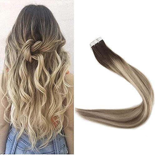 Fshine 18" Tape in Hair Ombre Balayage Hair Extension Color #3 Fading to #6 and #22 Real Human Hair Tape Hair Extensions 20 Pcs 50 Gram Per Package