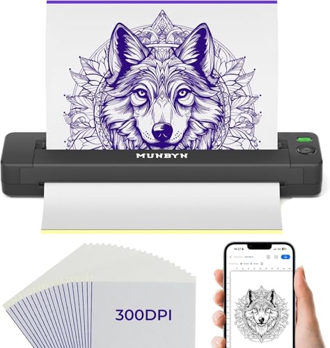 MUNBYN Tattoo Drucker Bluetooth, Stencil Drucker Tattoo Printer, Haut Tattoodrucker Thermodrucker für Anfänger, für Android iOS Mac Windows, mit 20 Bl