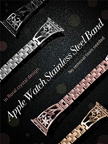 YvY Metal Stainless Steel Band Compatible with Apple Watch Band 38mm 40mm 42mm 44mm, Replacement Wristband for iWatch Series SE 7 6 5 4 3 2 1 for Women Men with Flower Bling Diamond Replacement Bracelet