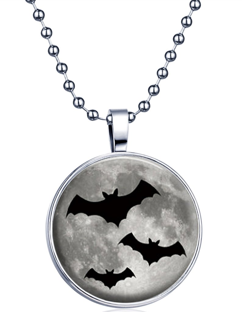 Yumilok Halloween Bat Round Luminous Pendant Alloy Resin Locket Necklace for Women/Men/Children, Fluorescent Blue