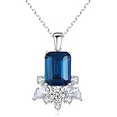 Gdirection 925 Sterling Silver CZ Simulated London Blue Topaz Pendant Necklace for Women, Emerald Cut Nano Dark Gemstone Solitaire Costume Jewelry with Gift Box