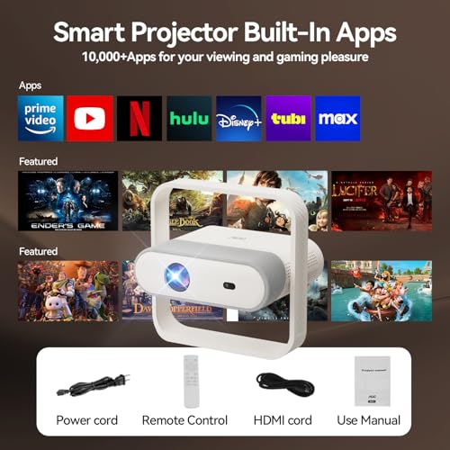 AOC Smart Projector Native 1080P 4K Support, 15000 Lumens, Android 13, WiFi 6 BT 5.2, Auto Focus & Keystone Portable Outdoor Projector, 360° Rotatable Projector with Built-in Apps & Dual Speakers