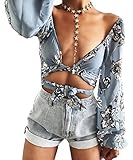 Longwu Women's Sexy Wrap Chest Deep V-Neck Long Sleeve Chiffon Front Tie Crop Top Short Blouses Shirts