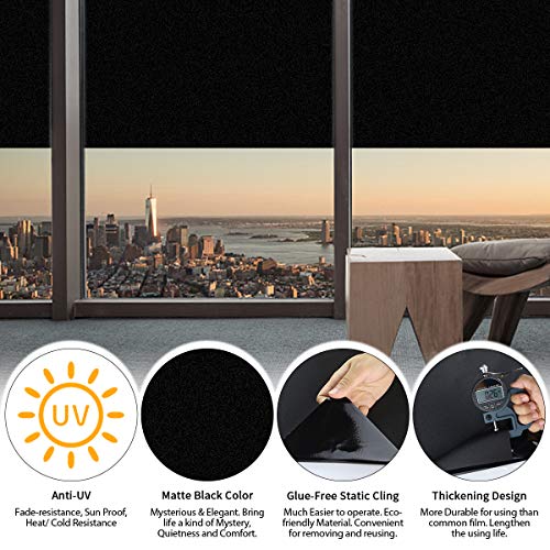 ESSORT Blackout Window Film, 100% Light Blocking, Static Cling Glue-Free Removable, for Privacy Darkroom, Heat Insulation, Only for Single Layer Glass (17.72in x 6.56ft, 100% Blackout)