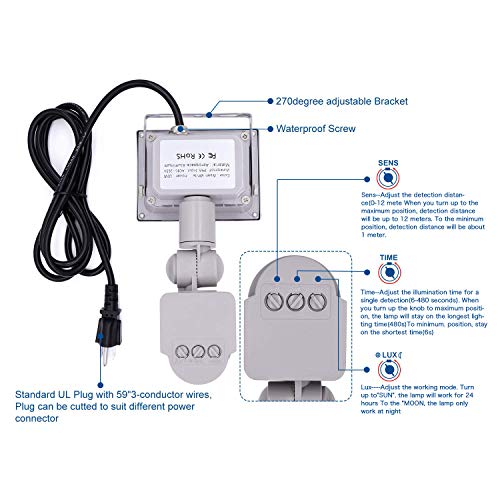Motion Sensor Flood Lights Outdoor,10W Induction LED Lamp, IP65 Waterproof Spotlight,6500K LED Sensor Light,Security Light with US 3-Plug (Warm White-Gray)