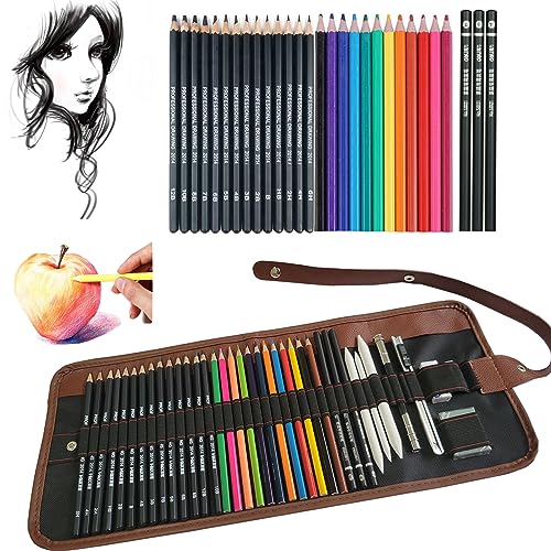 Sketch Pencil Set, 38pcs Art Supplies with Sketching Drawing Pencils, Oil Colored Pencils, Charcoal Pencils, Canvas Pencil Wrap for Artists Adults Kids Beginners