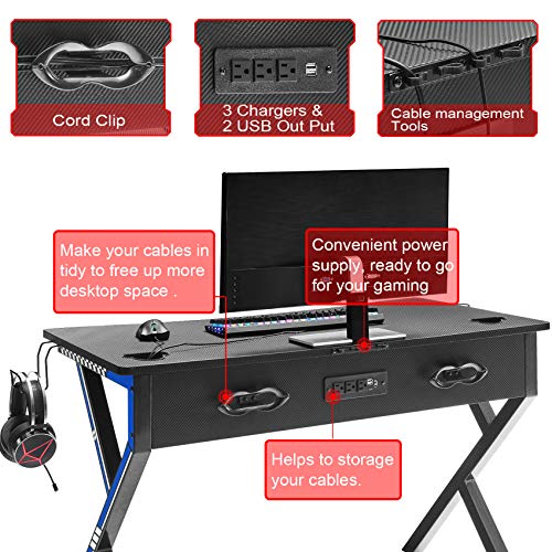 Mr IRONSTONE Gaming Desk 45.2" W x 23.6" D Home Office Desk, Gaming Workstation with Power Strip of 3-Outlet & 2 USB Ports, Cup Holder, Headphone Hook, and Cable Management (Blue) - Image 3