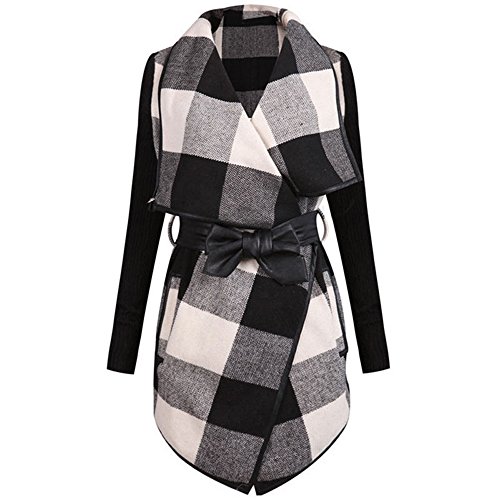Fanala Women's Front Belt Lapel Splicing Plaid Trench Coat Jacket (M)
