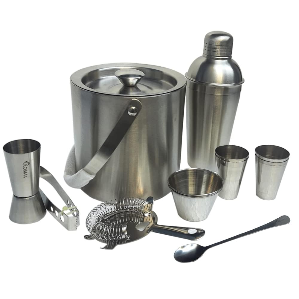 Kosma 12 Piece Stainless Steel Barware Set | Cocktail Shaker, Ice Bucket, Ice Tong, Bar Strainer, Jigger, Bar Spoon, Shot Glass x 4 & Snack Bowl | Celebration Set