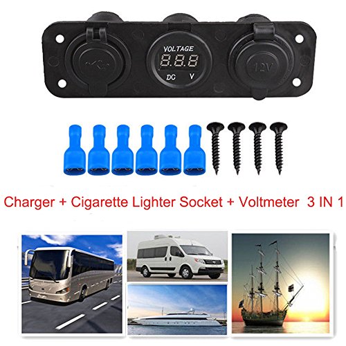 BREADEEP Dual USB Charger Power Outlet Cigarette Lighter Socket DC 12V Digital Voltmeter with Panel Terminal for Car Motocycle Boat RV ATV
