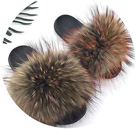 Fox Hair Beach Slippers Soft Fur Flip Flops Slides Furry Slippers EVA Bottom Shoes,Raccoon F EVA,7.5