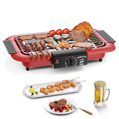 Electric BBQ Grill Non-stick Smokeless Indoor/Outdoor BBQ Grill Portable Removable High Power Double Tube 2000W BBQ Party Grill (Red D)