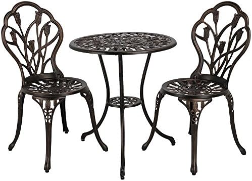 go2buy 3Piece Bronze Bistro Set Outdoor Patio Garden Cast Bistro Aluminum Round Table &amp; Chairs w/Umbrella Hole Tulip Design