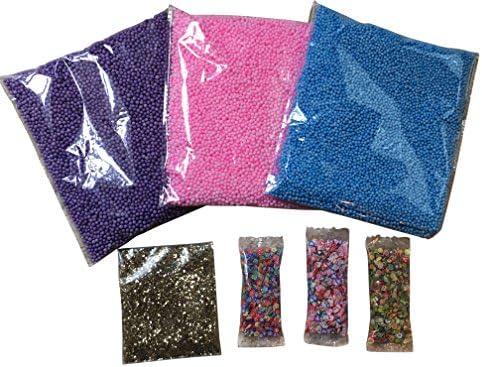 Slime Deco Bits: 15,000 Foam Beads, 3000 fimo, and Gold Glitter pack for Slime Floam Colorful Pink, Blue and Purple for DIY Goo, pieces 2-4mm Craft Styrofoam round seed balls, small