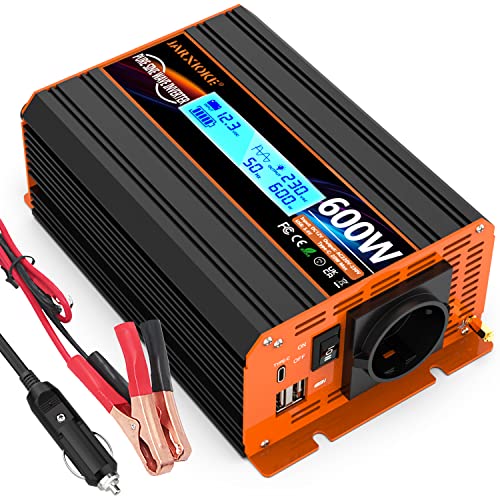 600W/1200W Wechselrichter 12v auf 230v Reiner Sinus Spannungswandler Power Inverter Umwandler Stromwandler mit EU-Steckdose LCD Digital Anzeig Konvert