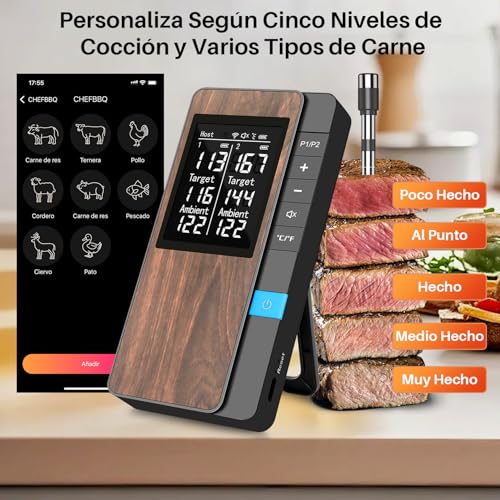 Inalámbrico Termómetro Carne - Termómetro Digital Cocina con Múltiples Sensores y Sondas Ultra Delgadas, Control por App y Manual - Precisión Bluetooth para BBQ, Horno, Parrilla y Ahumador-2 Sondas