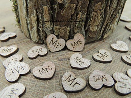 100 TINY Mr Mrs Wooden Hearts - Wood Table Confetti, Embellishments, Scatters, Invitations, Table Decor, Rustic Weddings and Events 1/2 inch size