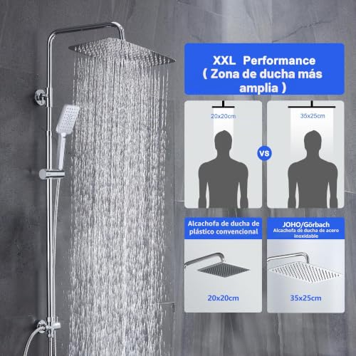 JOHO Stainless Steel Shower Column without Thermostat, Shower Set with Adjustable Height Bar with Hand Shower Head and Rain Spray Head 35 x 25 cm, Chrome