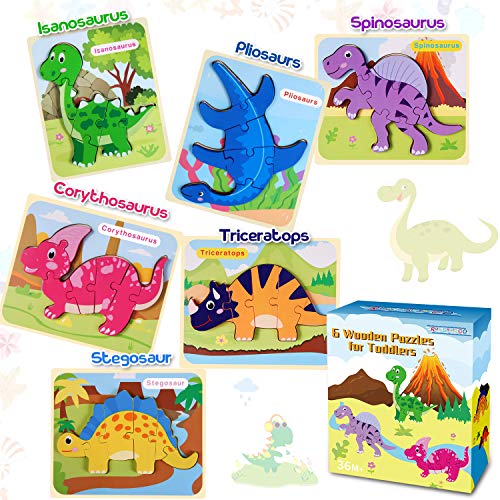 6 Pack Dinosaur Wooden Jigsaw Puzzles Educational Toys for Toddler Ages