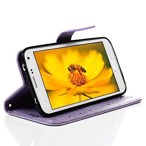 S5 Case, Samsung Galaxy S5 Case - Mavis's Diary Premium Wallet PU Leather with Fashion Embossed Floral Butterfly Magnetic Clasp Card Holders Flip Cover with Hand Strap - Light Purple