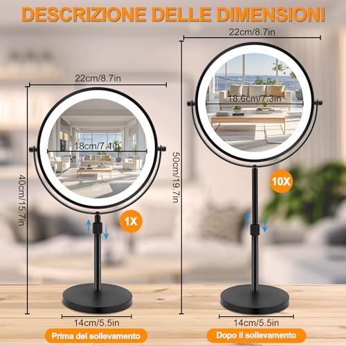 MEKOTRIN Makeup Mirror with Lights, Magnifying Mirror 10x 360° Rotation with 3 Coloured Lights Adjustable Brightness, Double-Sided Makeup Mirror for Personal Care and Makeup