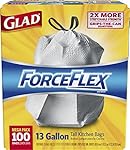 Glad 70427 ForceFlex Tall Kitchen Drawstring Bags, 13 gal, .90mil, 24x25 1/8 White (Box of 100)