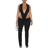 VOIKERDR Sexy 2 Piece Sets for Women Deep V Neck Bodysuit Top and Low Waist Pants Sets Club Outfits