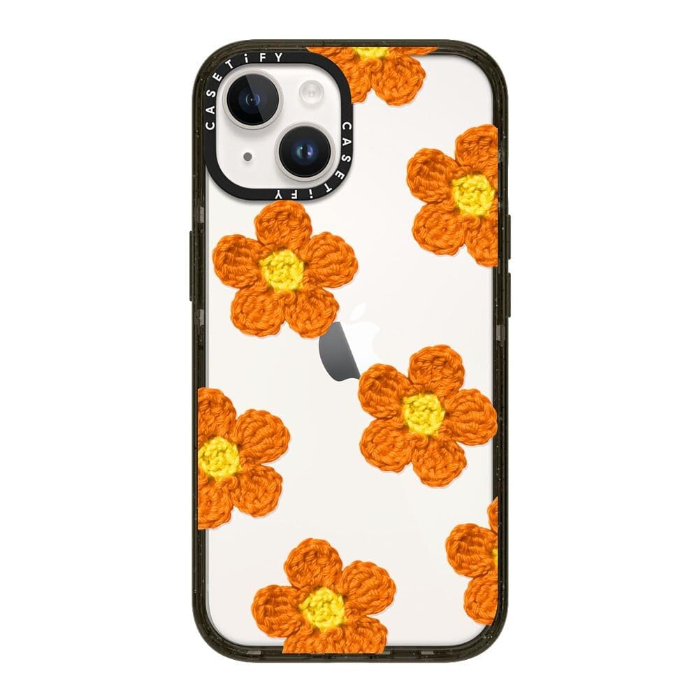 CASETiFY Impact Case for iPhone 14 [Slim / 8.2 ft. 4X Military Grade Drop Protection/Wireless Charging Compatible] - Crochet Flowers - Orange - Clear Black