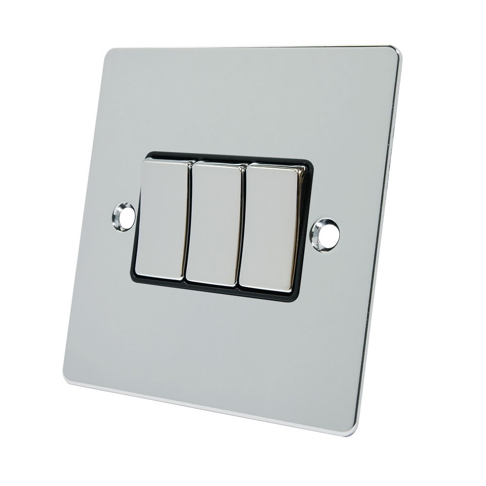 Alliance Electrical FPC3GSWIBC 10 A 3 Gang 2 Way Black Insert Flat Metal Rocker Light Switch - Polished Chrome