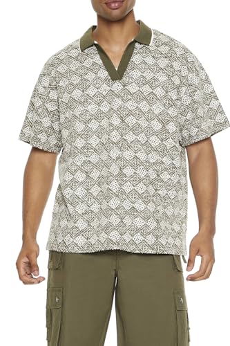 Forever 21 Textured Geo V-Neck Polo Shirt Olive Large