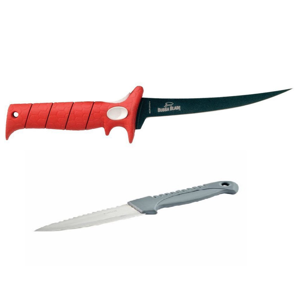 Bubba Blade 7 Inch Tapered Flex Fillet Fishing Knife Black Sheath Red Rubber No-Slip-Grip Handle Stainless Steel Non-Stick Blade Fishing Boating Hunting & South Bend Stainless Steel Bait Knife Bundle
