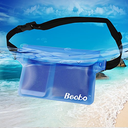 Becko Blue Waterproof Waist Bag Case Pouch for Kayaking, Sauna, Hiking, Surfing, Fishing, Boating, Skiing, Camping and Other Outdoor Sports. Triple Top Closure Strip Seal System Dry Bag Protect Mobile Phone, Camera, Watch, ID Cards, Wallet, Credit Cards, 