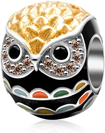 Wisdom Owl Cahrms with Champagne Birthstone 925 Sterling Silver Bead Fits European Snake Chain Bracelets
