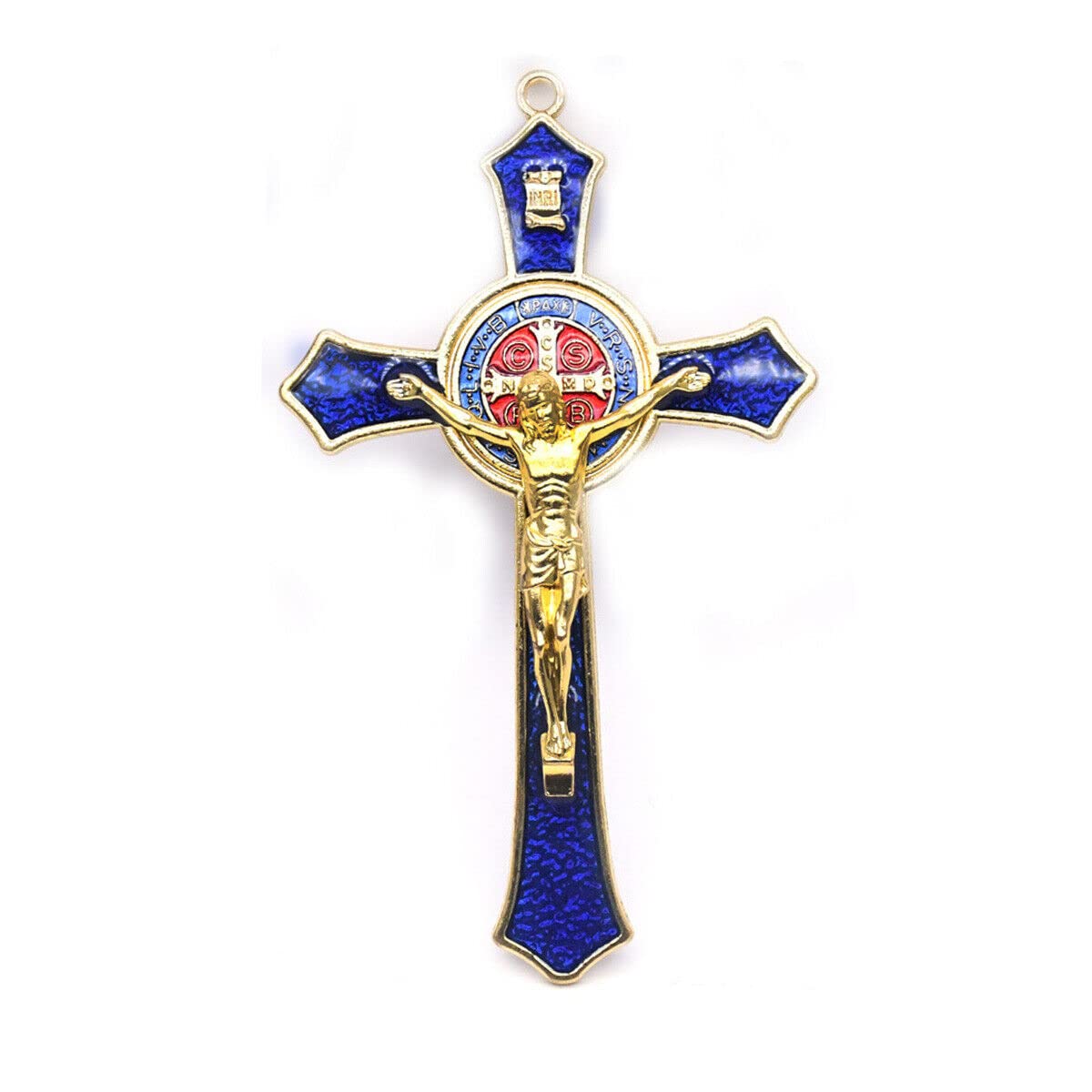 BRAVECOW Vintage Wall Decoration Gold Metal Hand Hold Cross Crucifix Jesus Holy Religious Carved Christ (Blue)